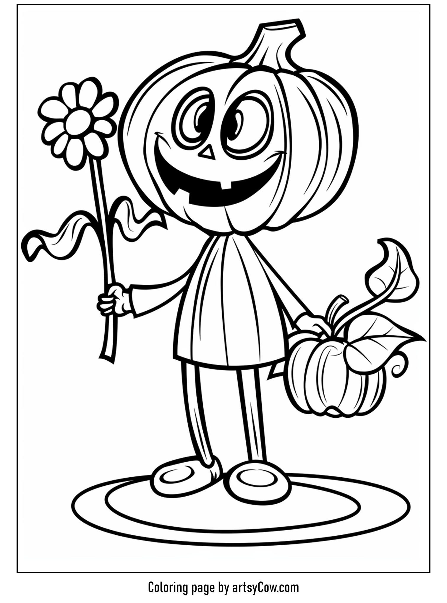 free halloween coloring pages for kids and adults, featuring an adorable pumpkin character holding a flower and a pumpkin, dressed in cute clothing with smiling eyes.